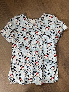 Women’s Light Blue Penguin Print Scrub Top